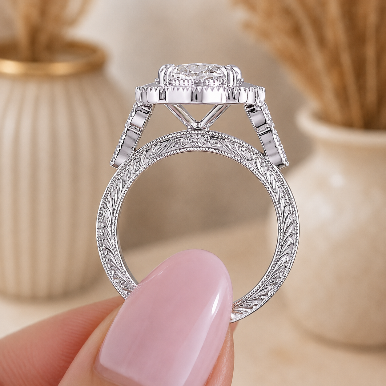3.41 CT Vintage Marquise Cut Lab-Grown Diamond Engagement Ring in 14K White Gold – Hand-Engraved Victorian Style