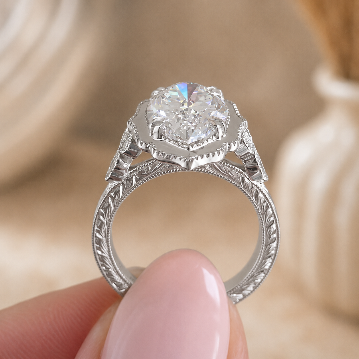 3.41 CT Vintage Marquise Cut Lab-Grown Diamond Engagement Ring in 14K White Gold – Hand-Engraved Victorian Style