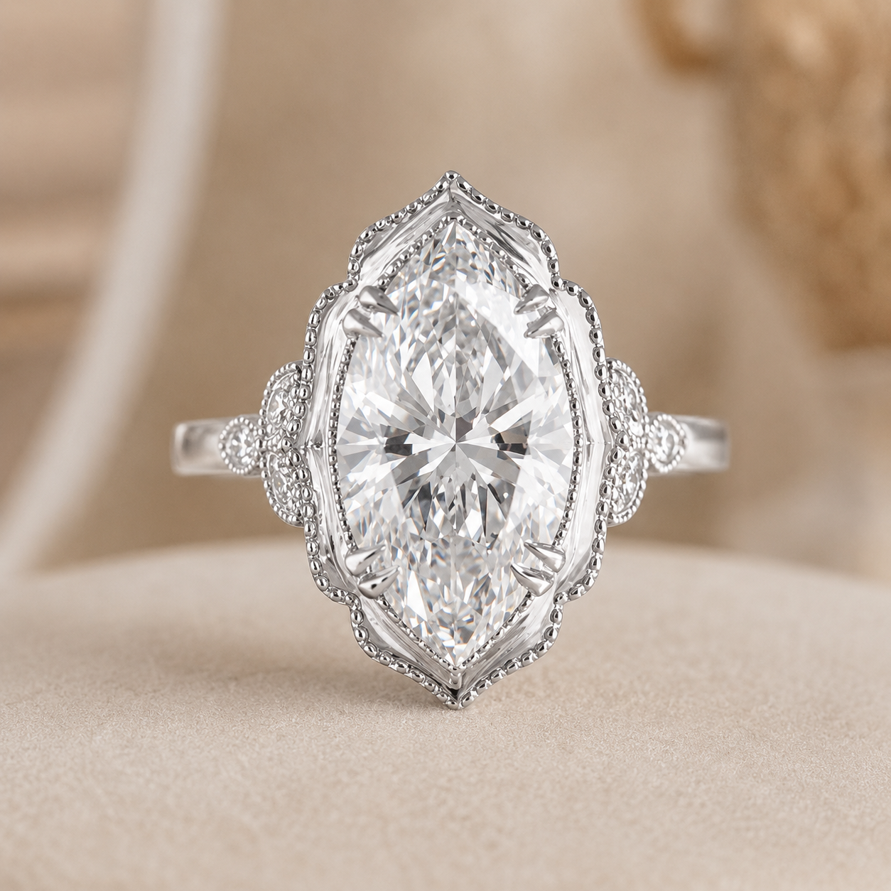 3.41 CT Vintage Marquise Cut Lab-Grown Diamond Engagement Ring in 14K White Gold – Hand-Engraved Victorian Style