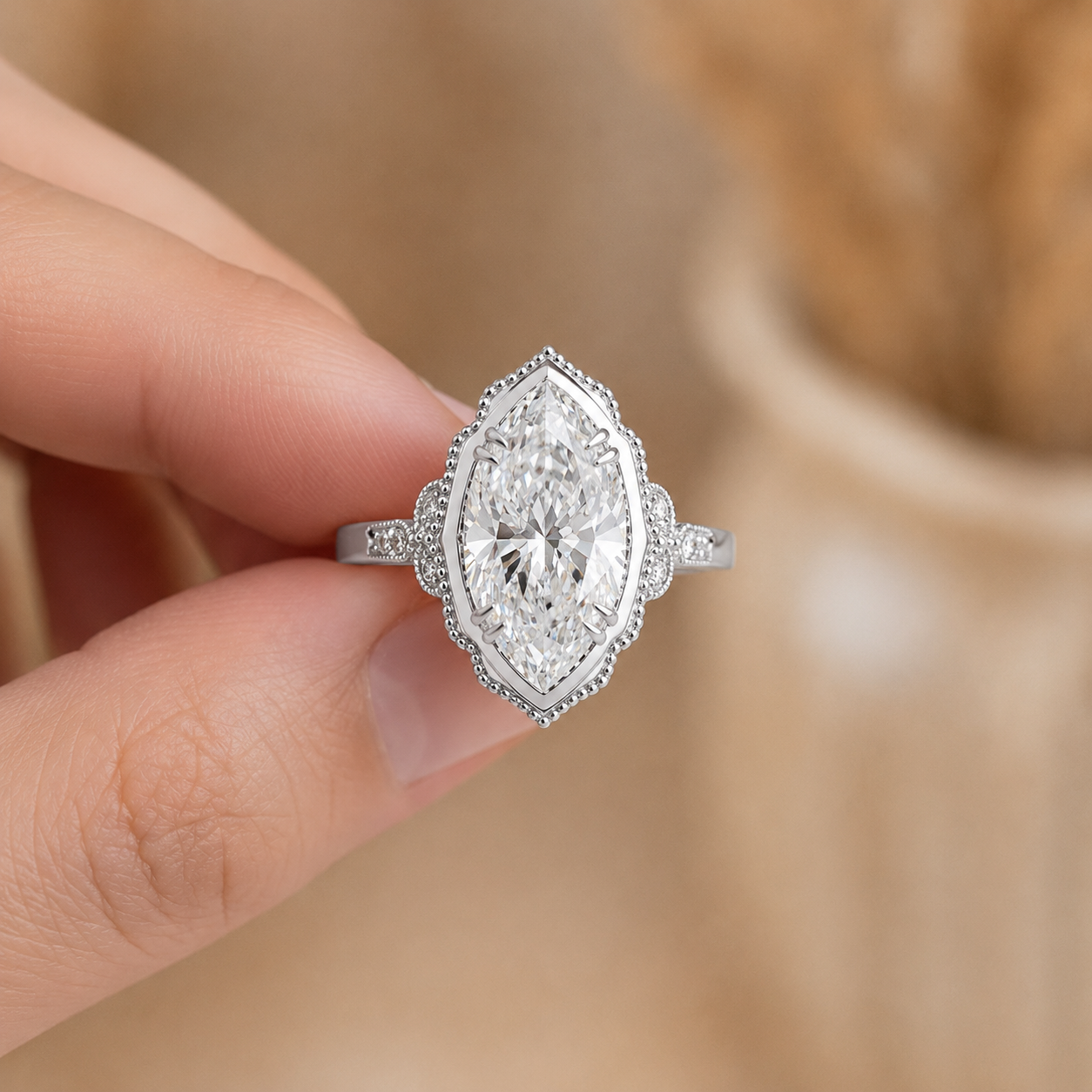 3.41 CT Vintage Marquise Cut Lab-Grown Diamond Engagement Ring in 14K White Gold – Hand-Engraved Victorian Style