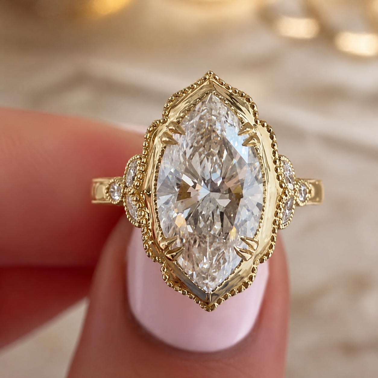 3.41 CT Vintage Marquise Cut Lab-Grown Diamond Engagement Ring in 14K White Gold – Hand-Engraved Victorian Style