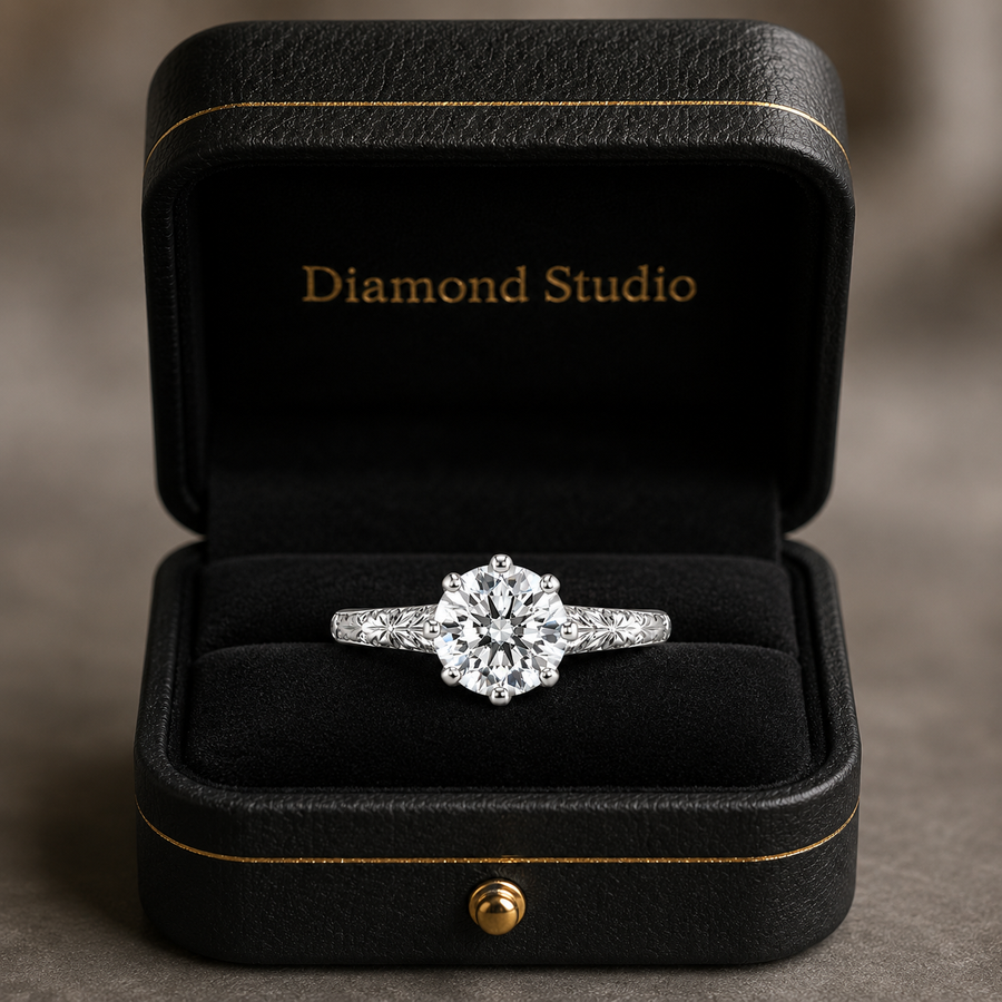 1.50 CT Round Lab-Grown Diamond Hand-Engraved Engagement Ring in 14K White Gold – Vintage Carved Solitaire Band