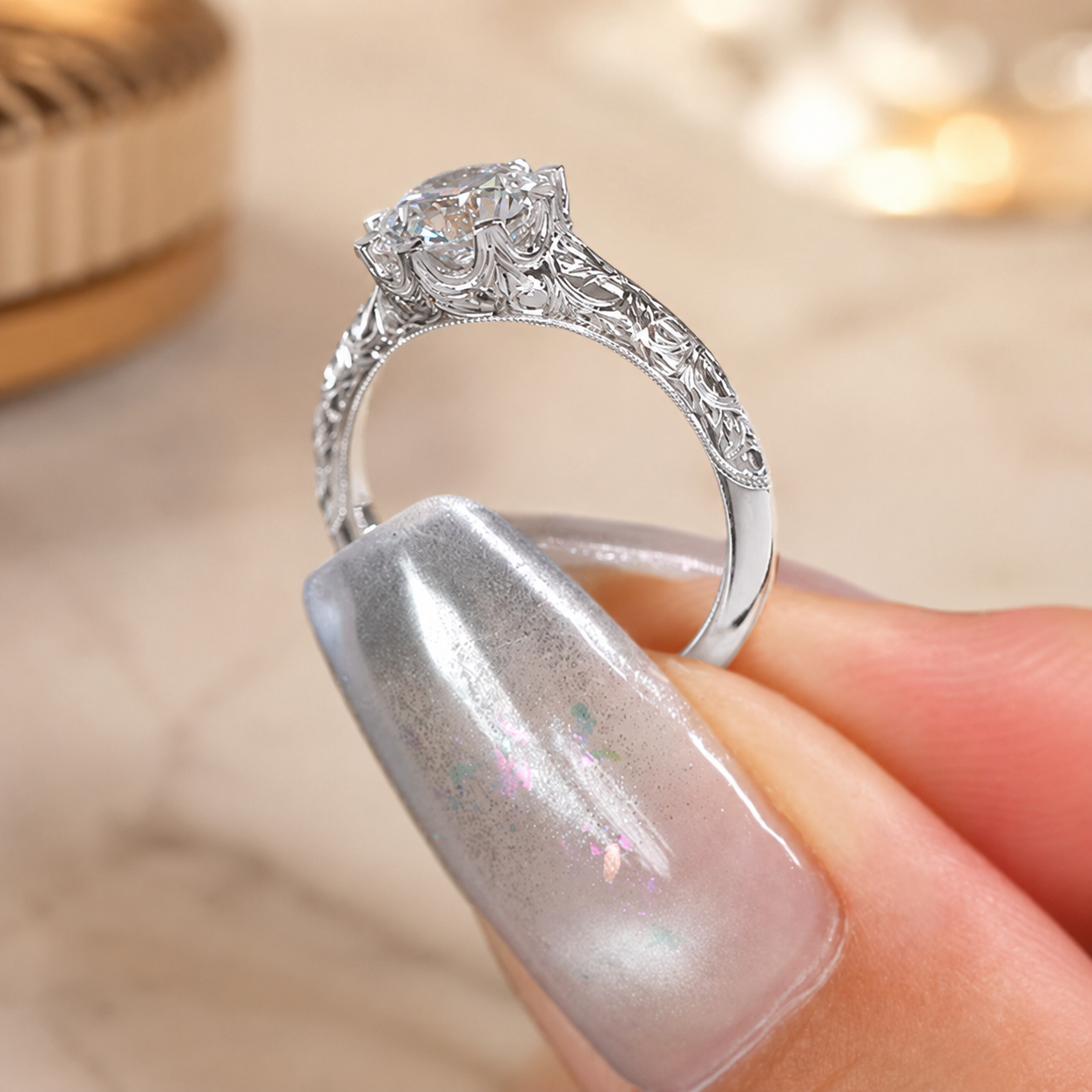 1.50 CT Round Lab-Grown Diamond Hand-Engraved Engagement Ring in 14K White Gold – Vintage Carved Solitaire Band