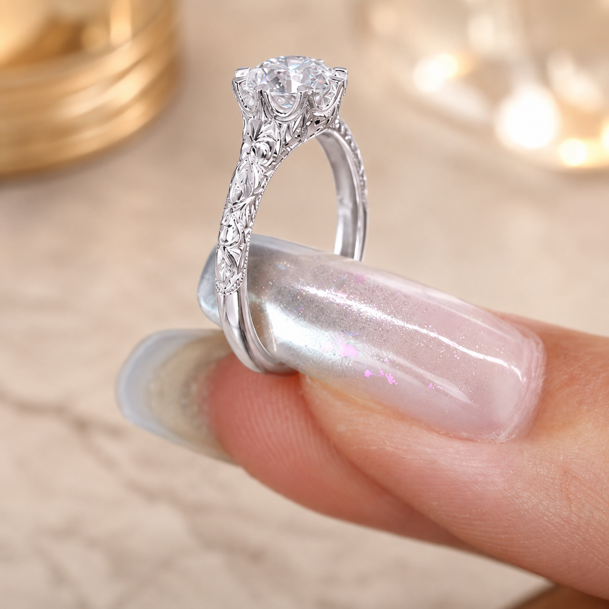 1.50 CT Round Lab-Grown Diamond Hand-Engraved Engagement Ring in 14K White Gold – Vintage Carved Solitaire Band