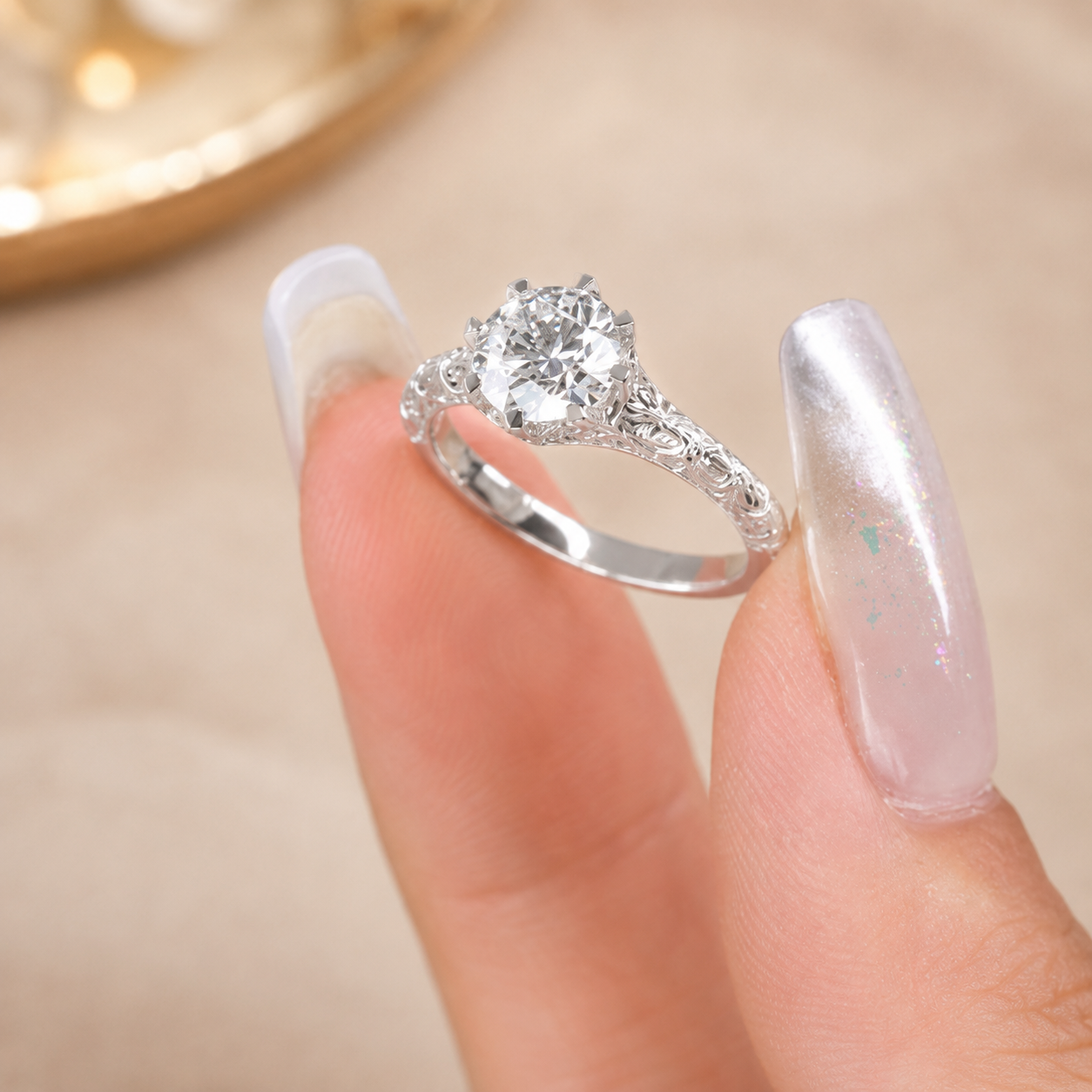 1.50 CT Round Lab-Grown Diamond Hand-Engraved Engagement Ring in 14K White Gold – Vintage Carved Solitaire Band