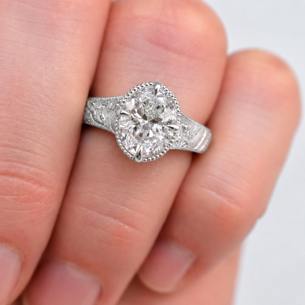 2.00 CT Art Deco Oval Cut Lab-Grown Diamond Engagement Ring in 14K White Gold – Handcrafted Milgrain Bezel Vintage Design
