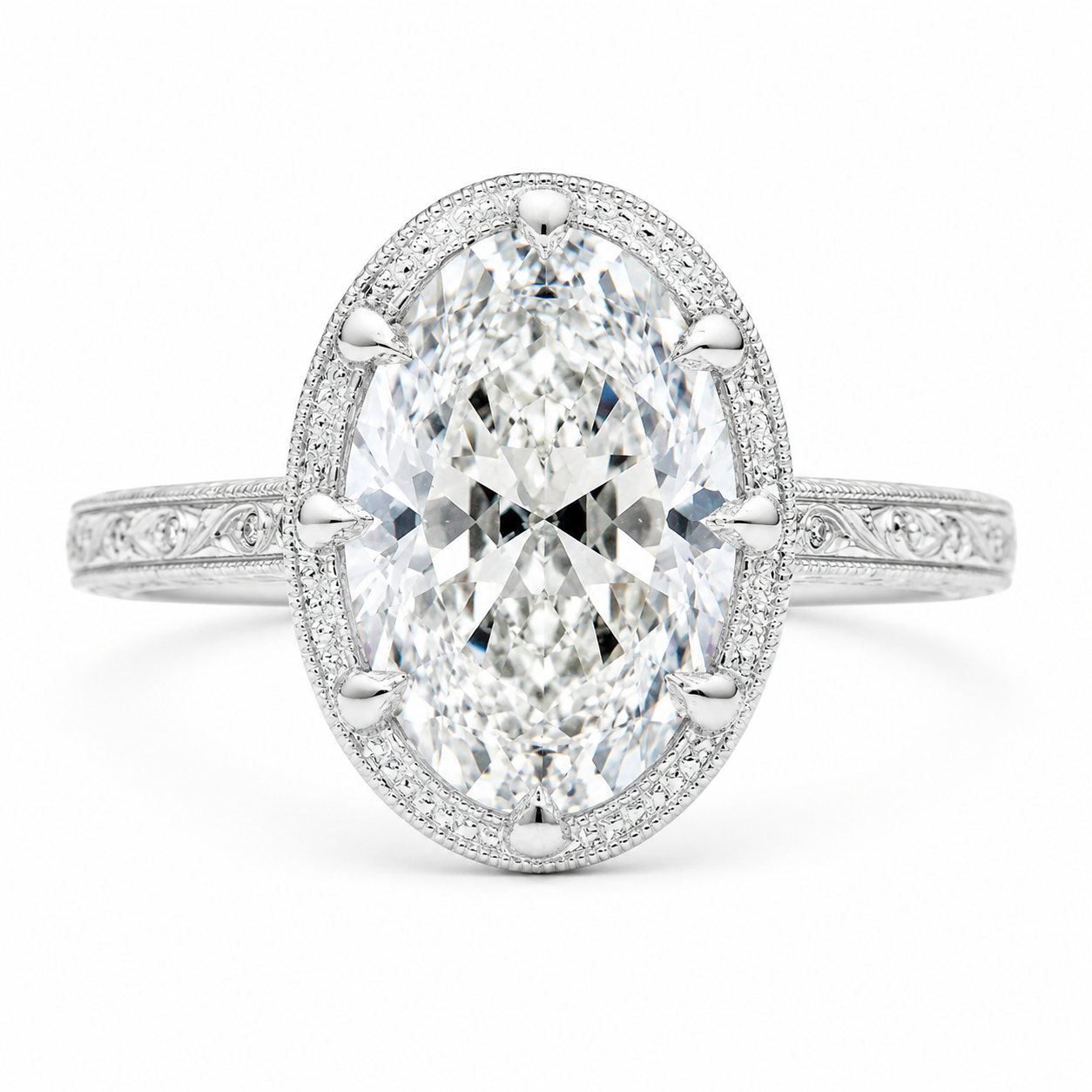 3.01 CT Moval Lab-Grown Diamond Engagement Ring in 14K White Gold – Hand-Engraved Filigree Bridal Design