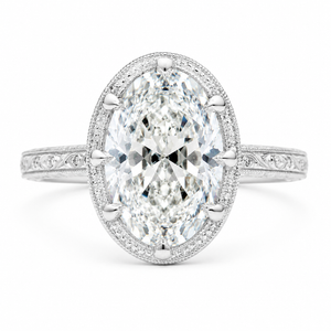 3.01 CT Moval Lab-Grown Diamond Engagement Ring in 14K White Gold – Hand-Engraved Filigree Bridal Design