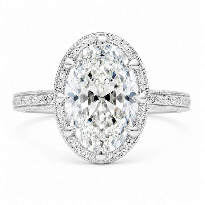 3.01 CT Moval Lab-Grown Diamond Engagement Ring in 14K White Gold â€“ Hand-Engraved Filigree Bridal Design from Diamond Studio