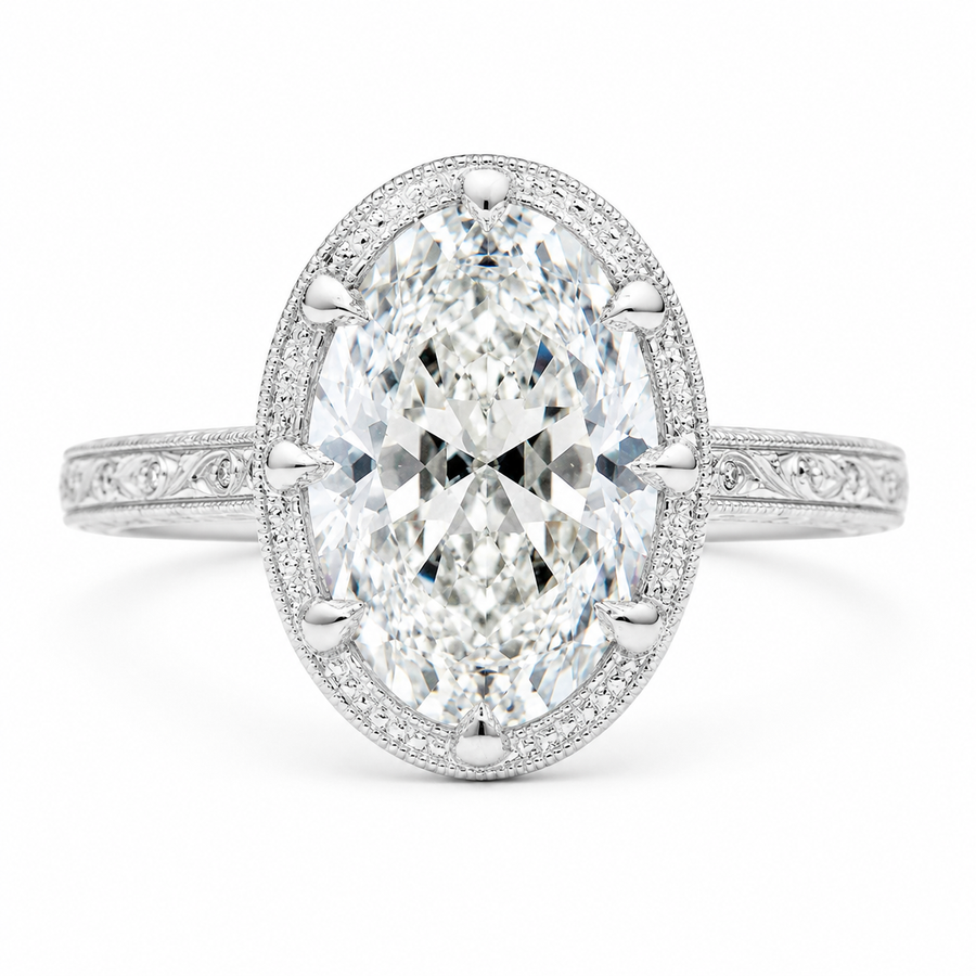 3.01 CT Moval Lab-Grown Diamond Engagement Ring in 14K White Gold – Hand-Engraved Filigree Bridal Design