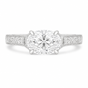 1.50 CT Vintage East West Oval Lab-Grown Diamond Engagement Ring in 14K White Gold – Custom Filigree Engraved Claw Prong Design