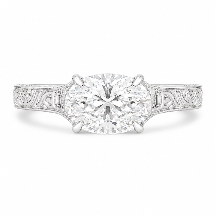 1.50 CT Vintage East West Oval Lab-Grown Diamond Engagement Ring in 14K White Gold â€“ Custom Filigree Engraved Claw Prong Design from Diamond Studio