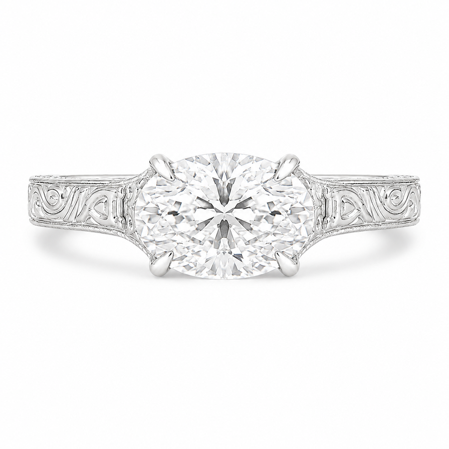 1.50 CT Vintage East West Oval Lab-Grown Diamond Engagement Ring in 14K White Gold – Custom Filigree Engraved Claw Prong Design