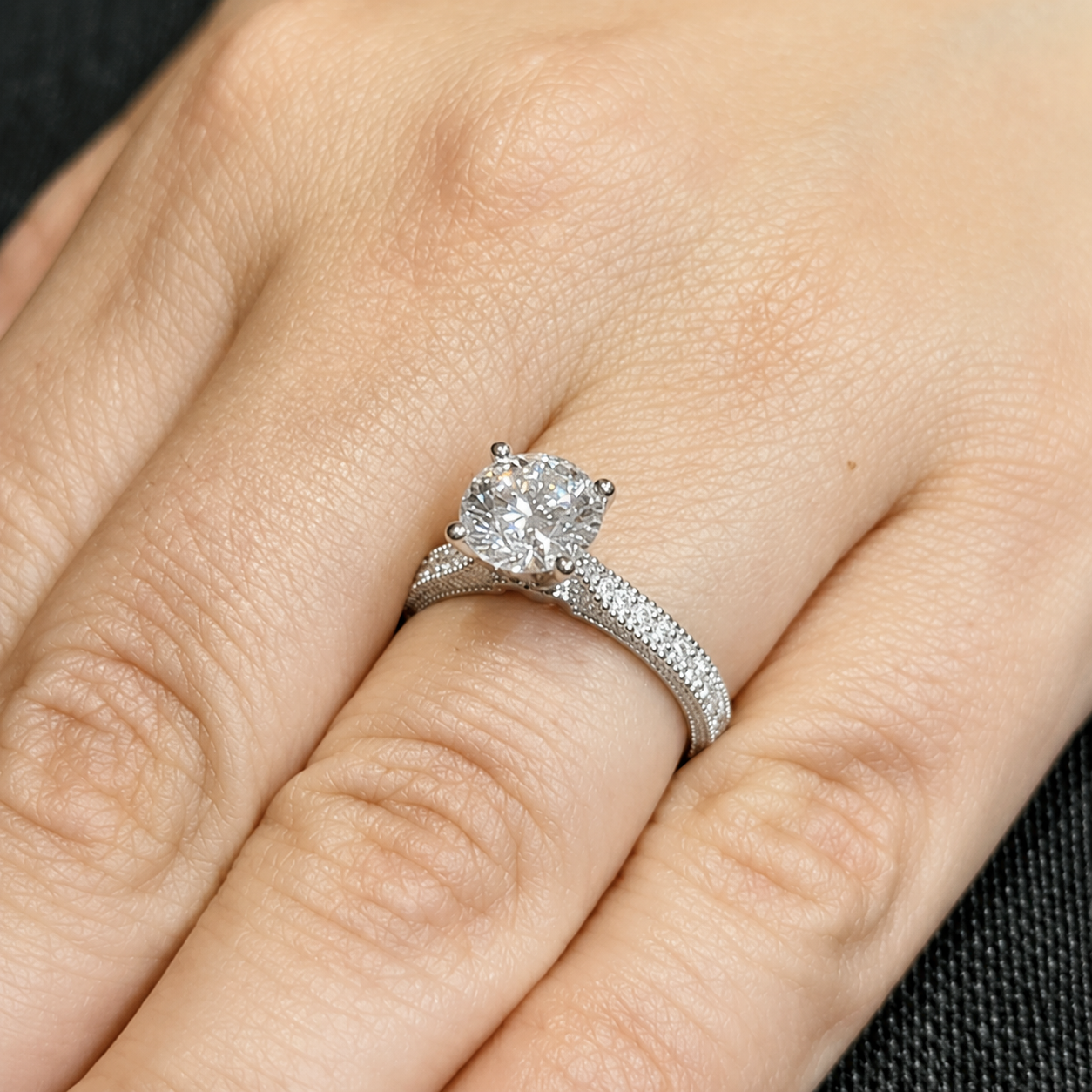 1.50 CT Vintage Lab-Grown Diamond Engagement Ring in 14K White Gold – Hand-Engraved Antique Design