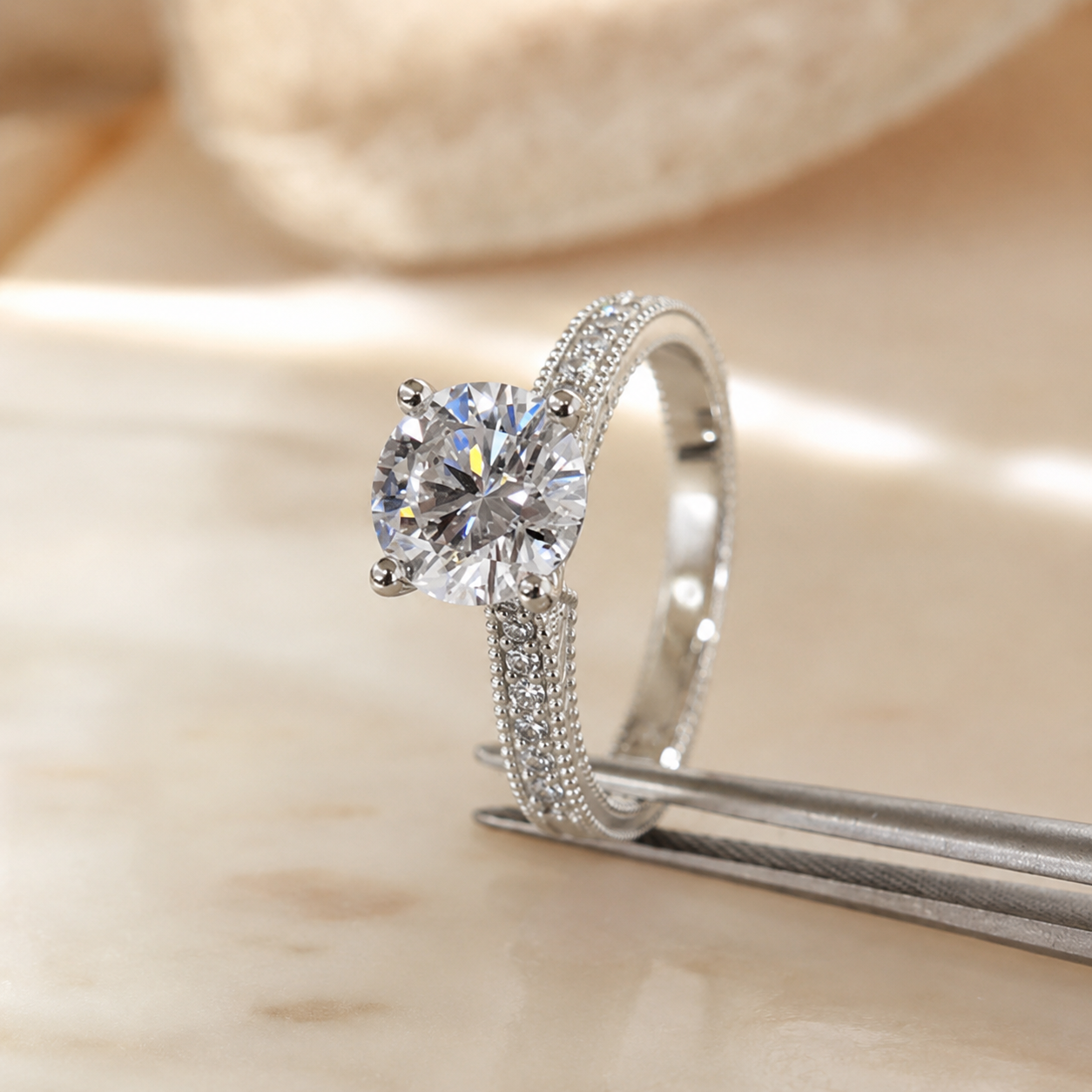 1.50 CT Vintage Lab-Grown Diamond Engagement Ring in 14K White Gold – Hand-Engraved Antique Design