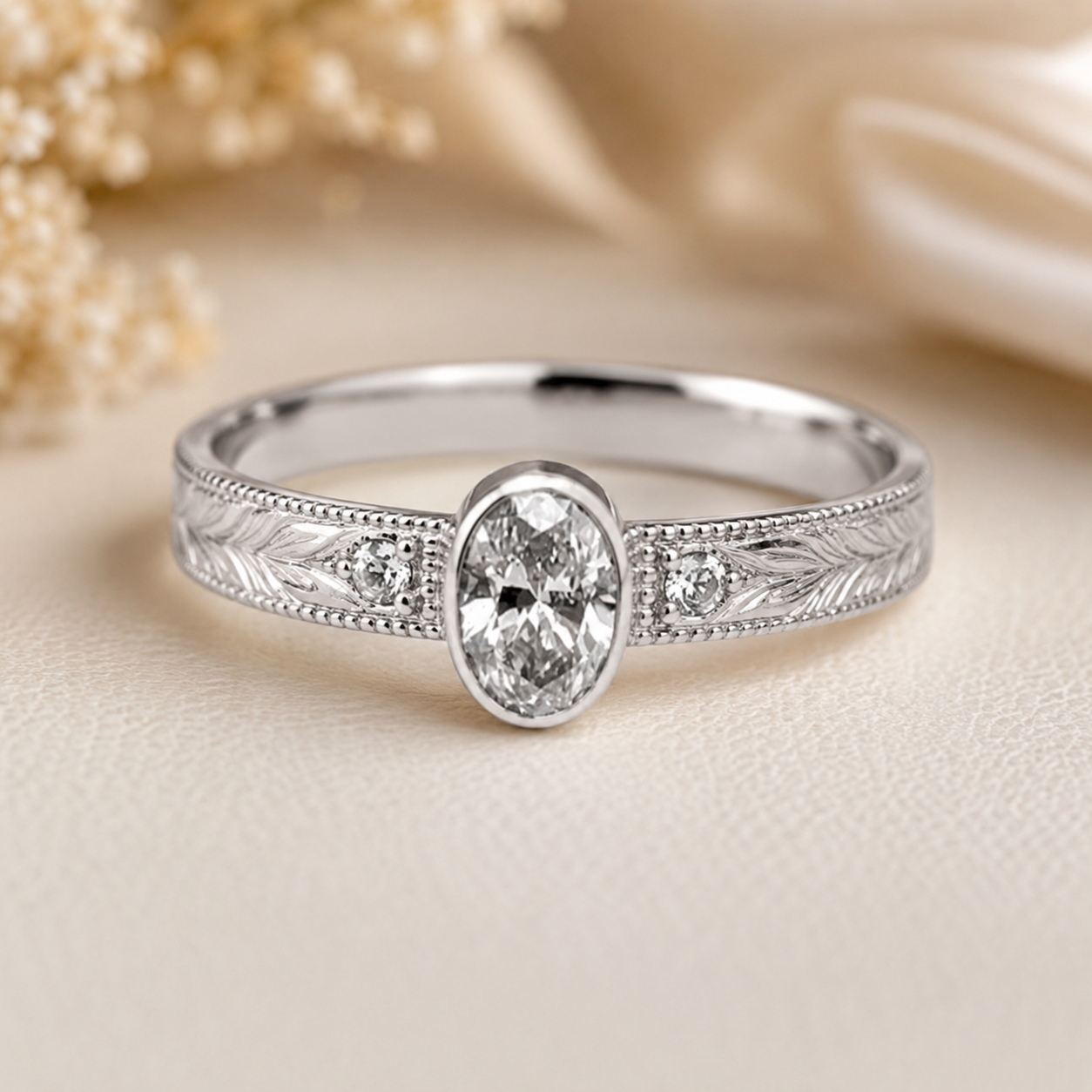 2.00 CT Oval Bezel Set Lab-Grown Diamond Engagement Ring in 14K White Gold – Hand-Engraved Vintage Heirloom Design