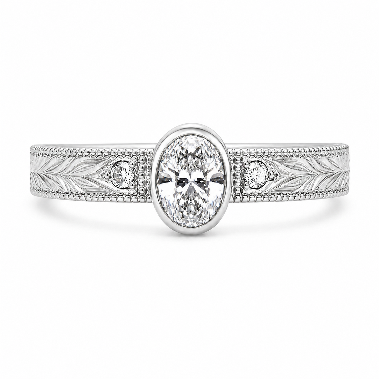 2.00 CT Oval Bezel Set Lab-Grown Diamond Engagement Ring in 14K White Gold – Hand-Engraved Vintage Heirloom Design