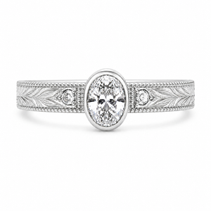 2.00 CT Oval Bezel Set Lab-Grown Diamond Engagement Ring in 14K White Gold – Hand-Engraved Vintage Heirloom Design