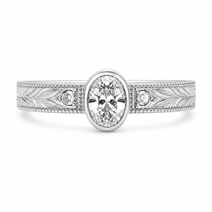 2.00 CT Oval Bezel Set Lab-Grown Diamond Engagement Ring in 14K White Gold â€“ Hand-Engraved Vintage Heirloom Design from Diamond Studio