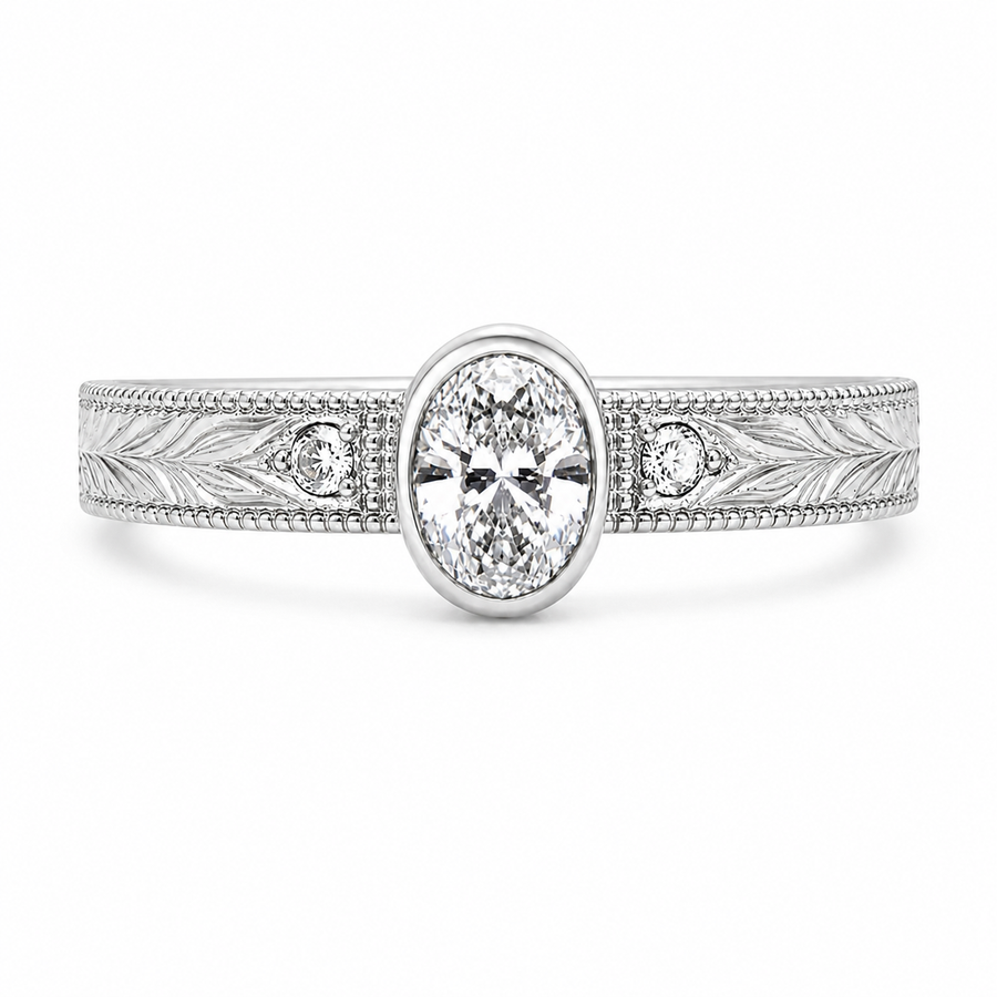 2.00 CT Oval Bezel Set Lab-Grown Diamond Engagement Ring in 14K White Gold – Hand-Engraved Vintage Heirloom Design