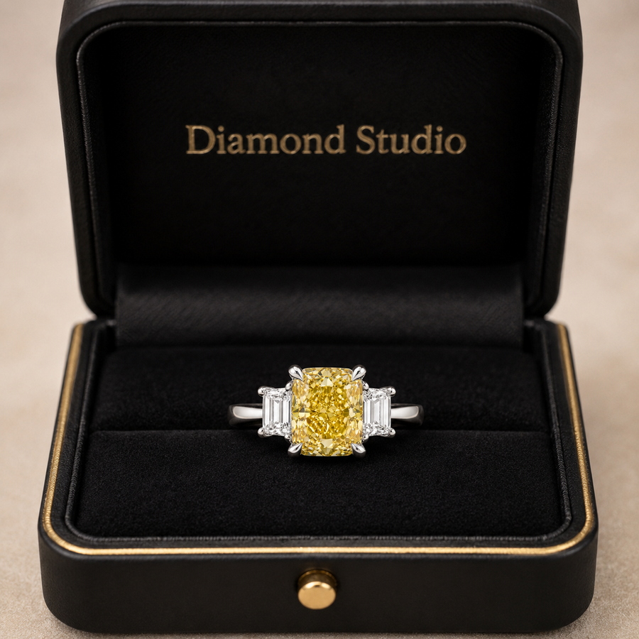 3.00 CT Yellow Radiant Cut Lab-Grown Diamond Three-Stone Engagement Ring in 14K White Gold – Fancy Color Proposal Design