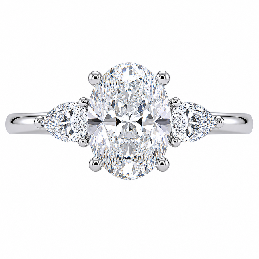 1.50 CT Oval Lab-Grown Diamond Three-Stone Engagement Ring in 14K White Gold – Trilogy Statement Design