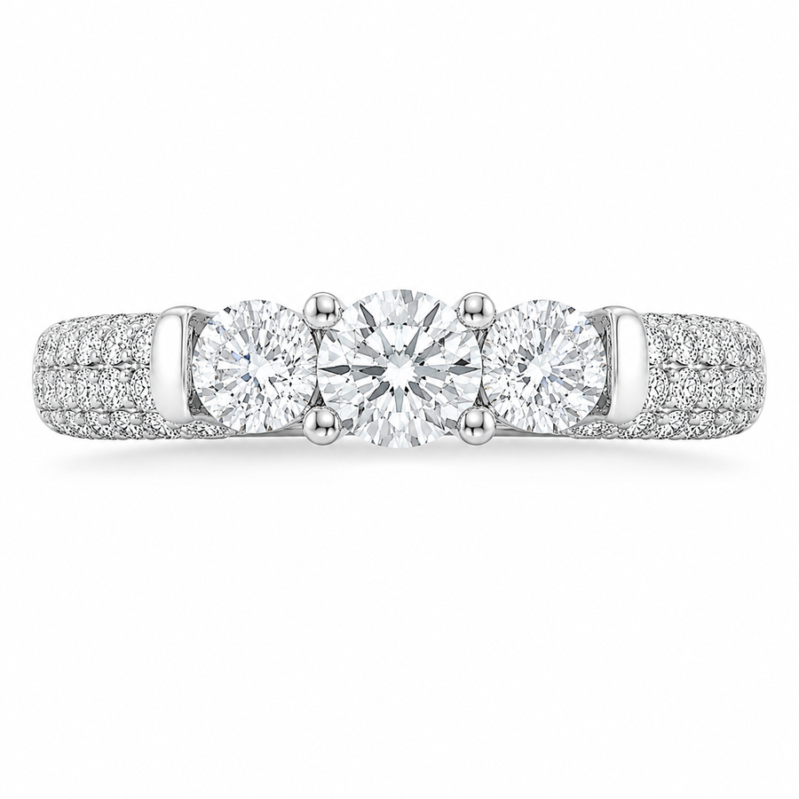 2.00 CT Lab-Grown Diamond Three-Stone Engagement Ring in 14K White Gold – Pavé Set Anniversary Design