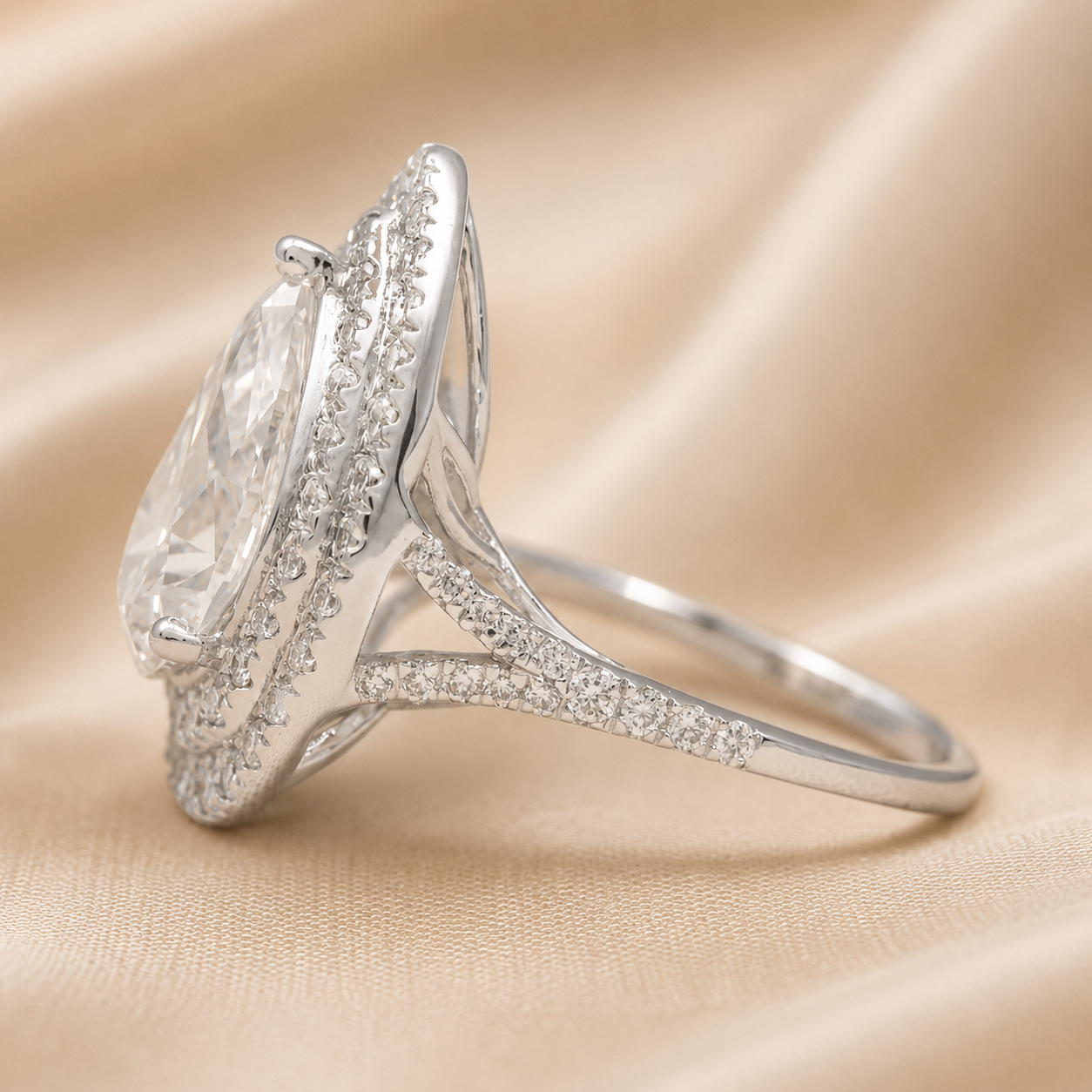 2.00 CT Pear Shaped Lab-Grown Diamond Double Halo Engagement Ring in 14K White Gold – Pavé Bridal Statement Design
