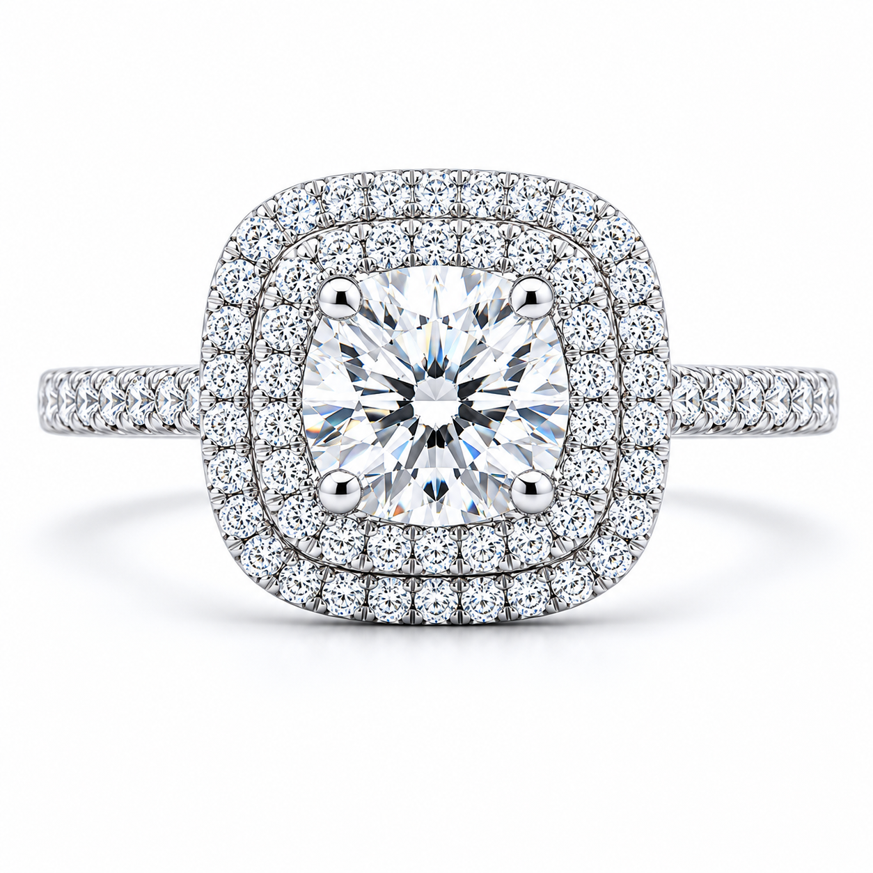4.00 CT Cushion Cut Lab-Grown Diamond Double Halo Engagement Ring in 14K White Gold – Square Halo Bridal Design