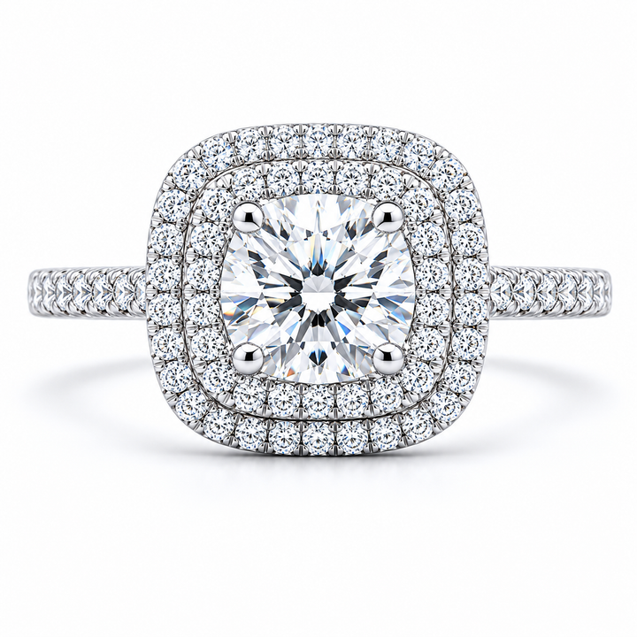 4.00 CT Cushion Cut Lab-Grown Diamond Double Halo Engagement Ring in 14K White Gold â€“ Square Halo Bridal Design from Diamond Studio