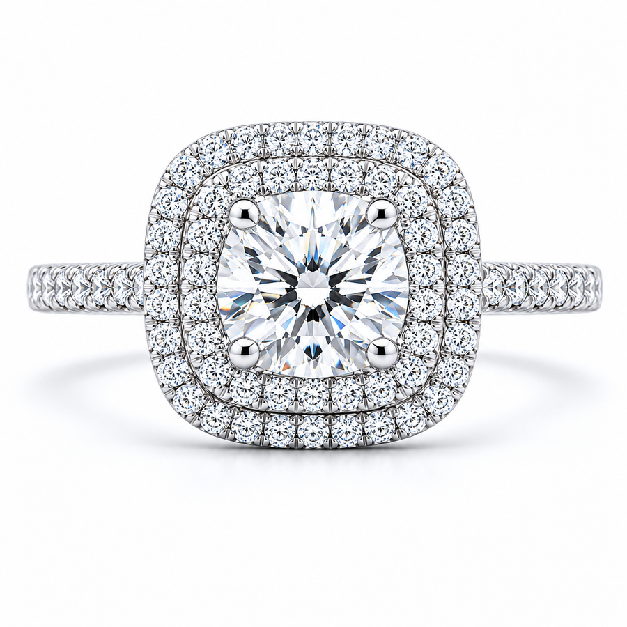 4.00 CT Cushion Cut Lab-Grown Diamond Double Halo Engagement Ring in 14K White Gold – Square Halo Bridal Design