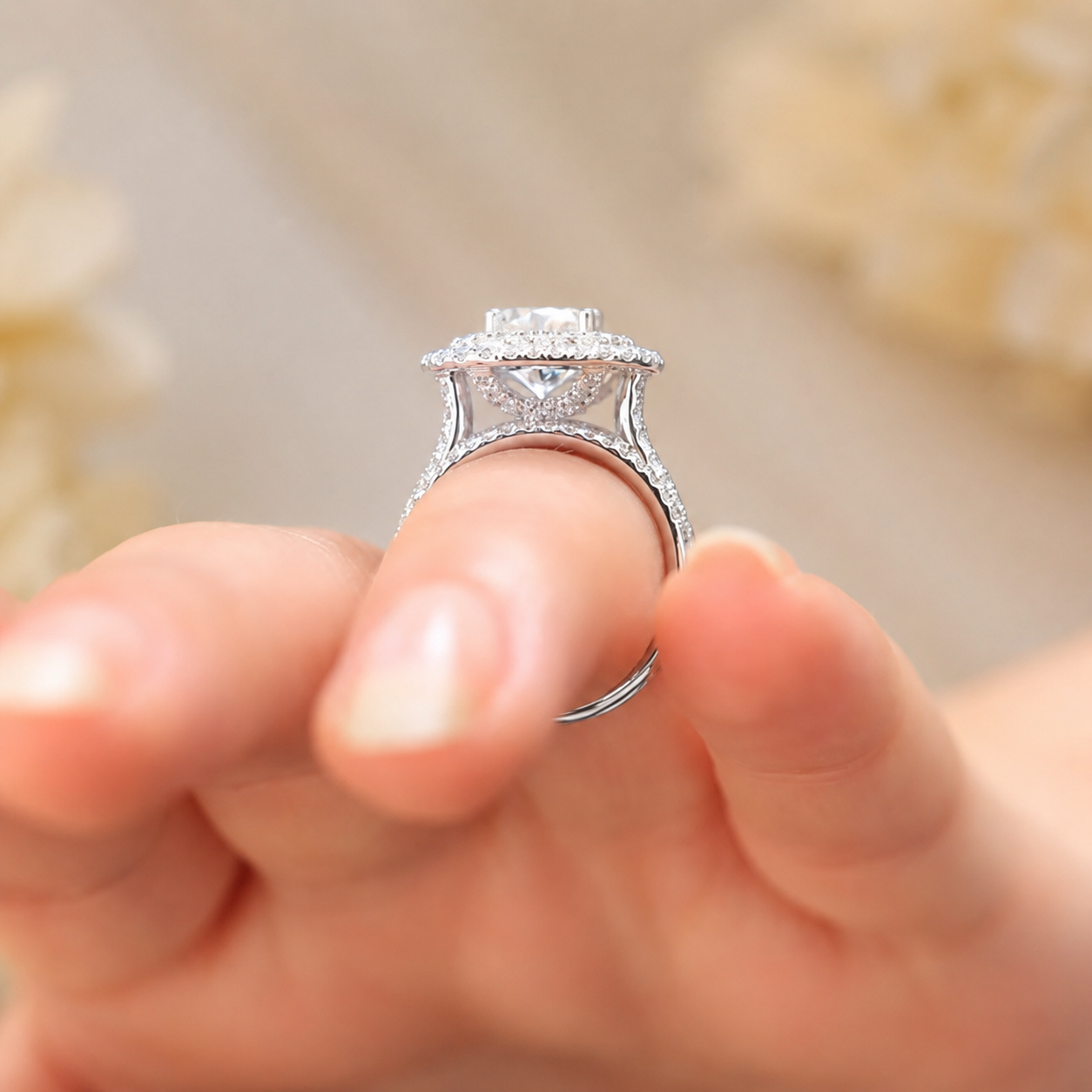 4.00 CT Round Cut Lab-Grown Diamond Double Halo Engagement Ring Set in 14K White Gold – Cushion Halo Bridal Design with Double Half Eternity Bands