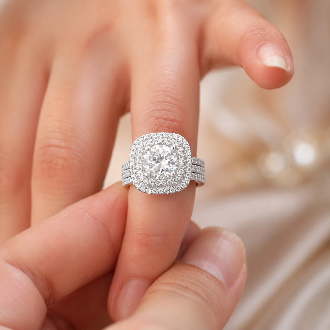 4.00 CT Round Cut Lab-Grown Diamond Double Halo Engagement Ring Set in 14K White Gold – Cushion Halo Bridal Design with Double Half Eternity Bands