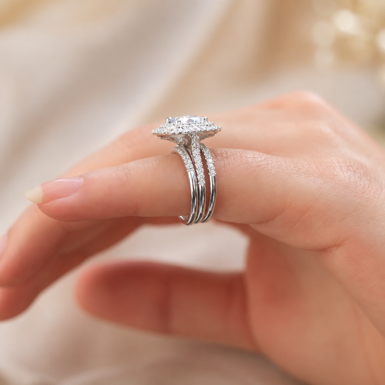 4.00 CT Round Cut Lab-Grown Diamond Double Halo Engagement Ring Set in 14K White Gold – Cushion Halo Bridal Design with Double Half Eternity Bands