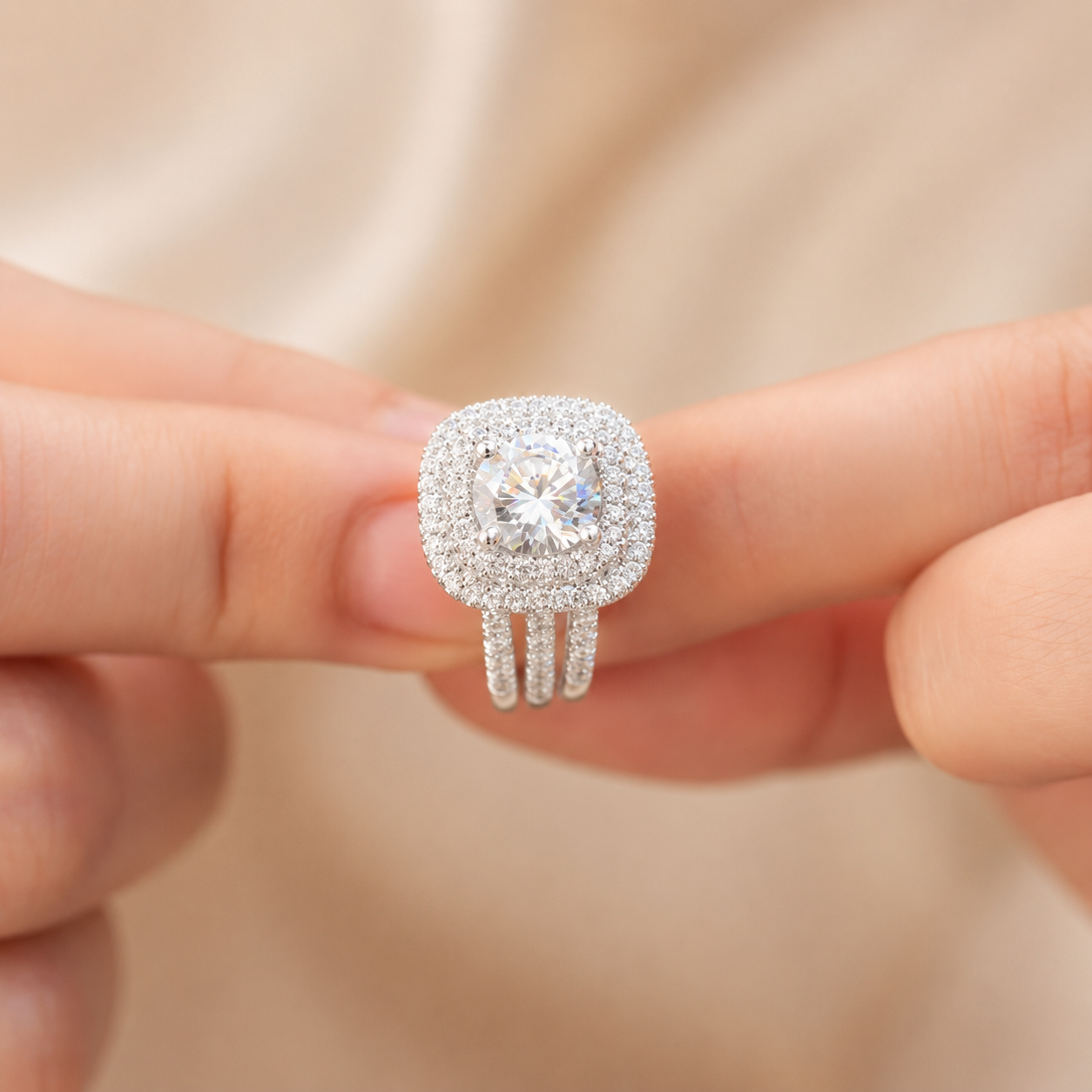 4.00 CT Round Cut Lab-Grown Diamond Double Halo Engagement Ring Set in 14K White Gold – Cushion Halo Bridal Design with Double Half Eternity Bands