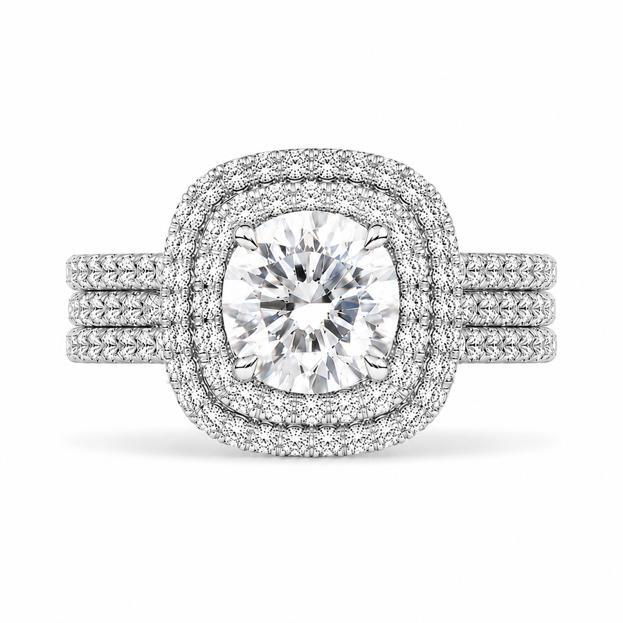 4.00 CT Round Cut Lab-Grown Diamond Double Halo Engagement Ring Set in 14K White Gold – Cushion Halo Bridal Design with Double Half Eternity Bands