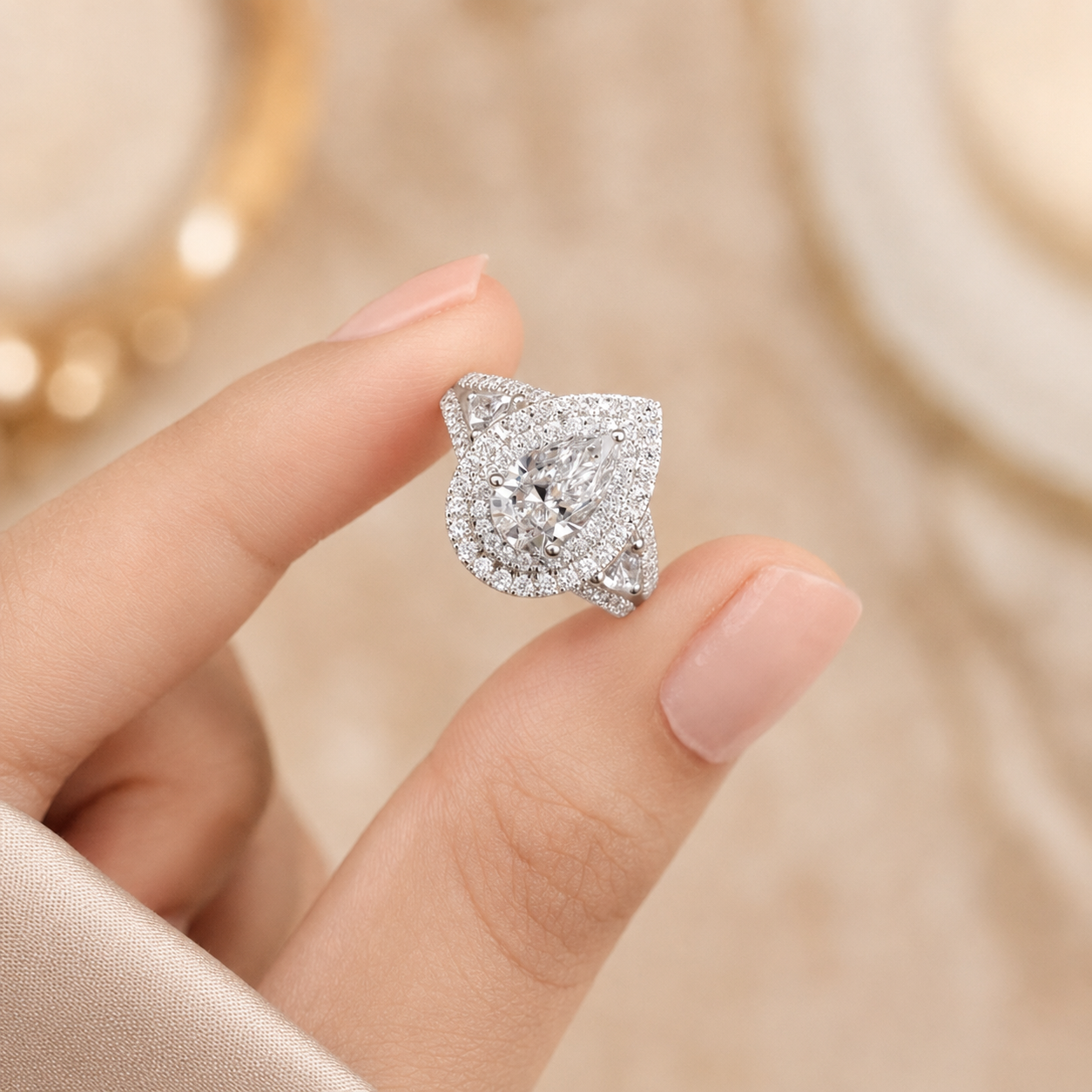 2.00 CT Pear Cut Lab-Grown Diamond Double Halo Engagement Ring in 14K White Gold – Stackable Comfort Fit Bridal Design