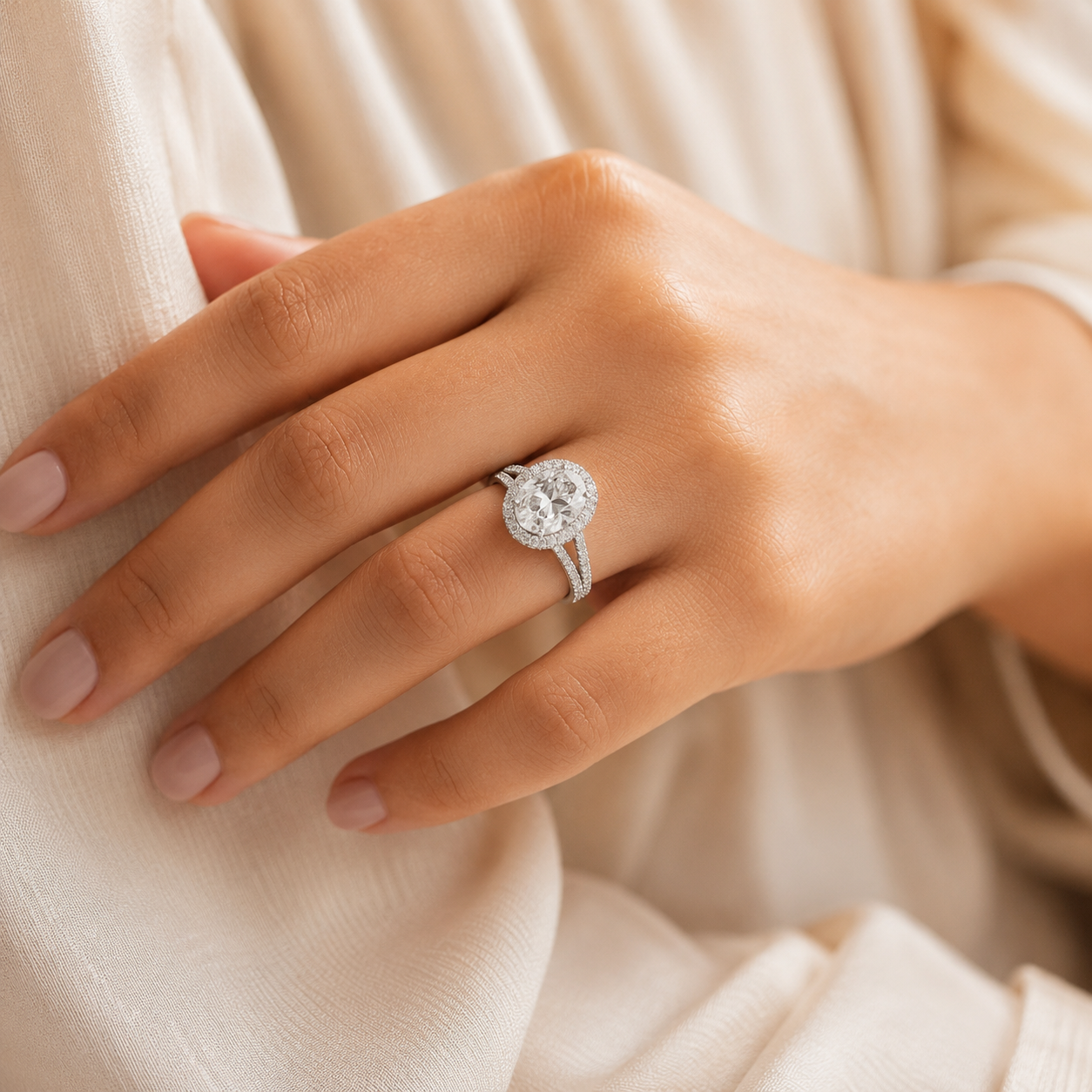 2.50 CT Oval Cut Lab-Grown Diamond Double Halo Engagement Ring in 14K White Gold – Split Shank Hidden Halo Design