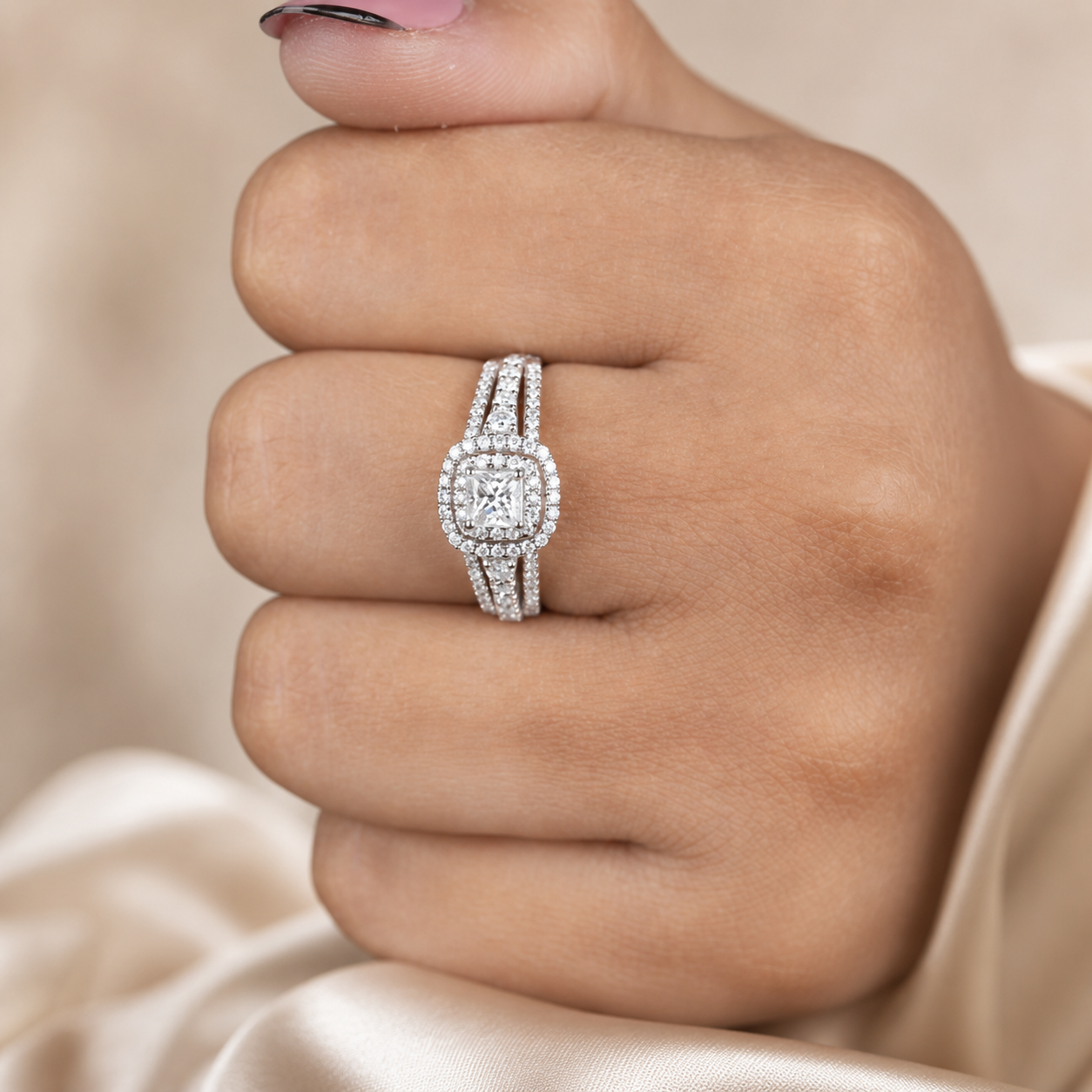 2.00 CT Princess Cut Lab-Grown Diamond Double Halo Engagement Ring in 14K White Gold – Split Shank Statement Design