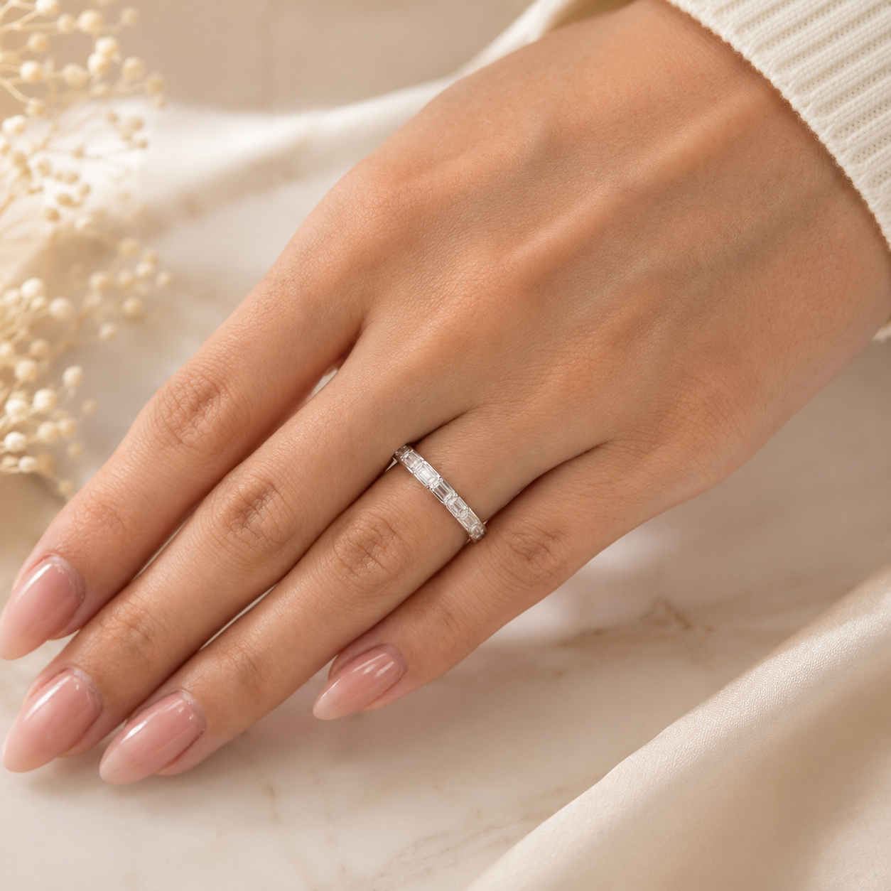 1.20 CT Lab-Grown Diamond Half Eternity Ring in 14K White Gold (D–F / VS1–VS2)
