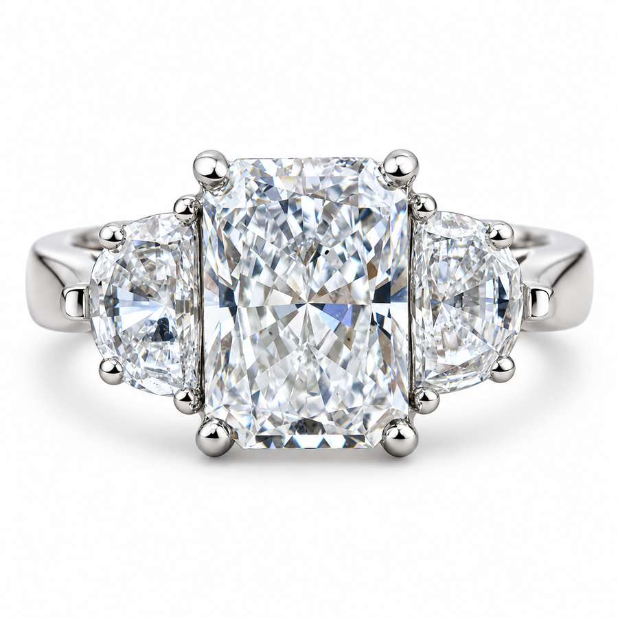4 CT Radiant Cut Lab-Grown Diamond Three-Stone Engagement Ring with Half-Moon Side Diamonds, IGI Certified