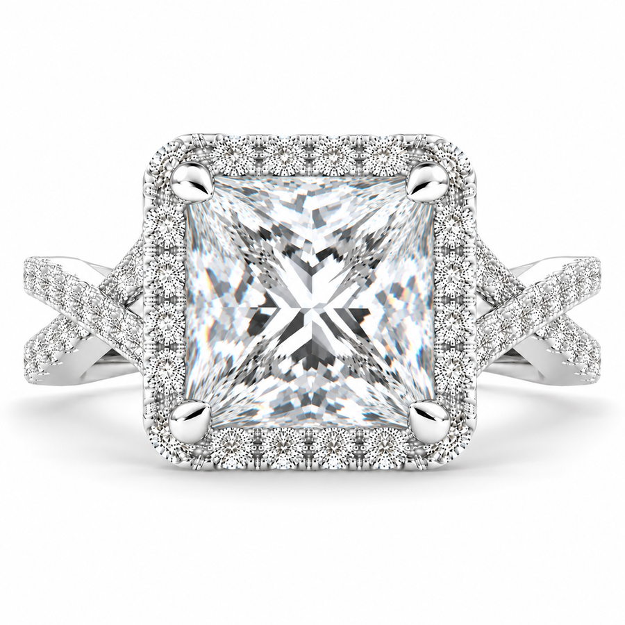 Ophelia 7.35 Carat Princess Cut Pave Halo Split Shank Engagement Ring