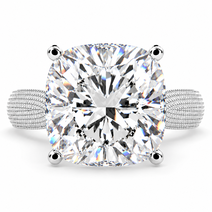 Valentina 6 Carat Cushion Cut Solitaire Tapered Milgrain Engagement Ring