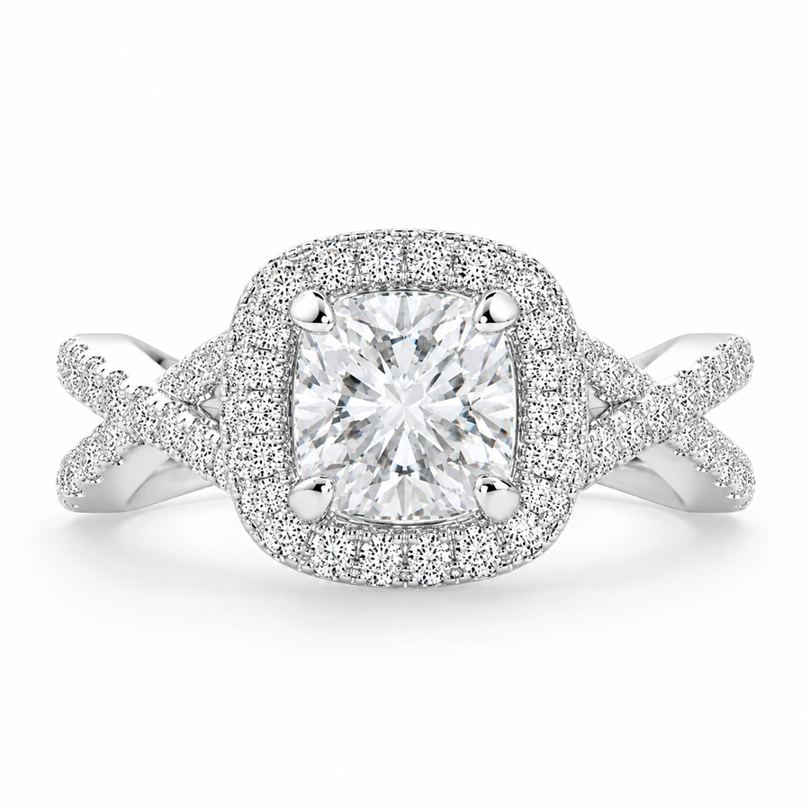 Ophelia 2.35 Carat Cushion Cut Pave Halo Split Shank Engagement Ring