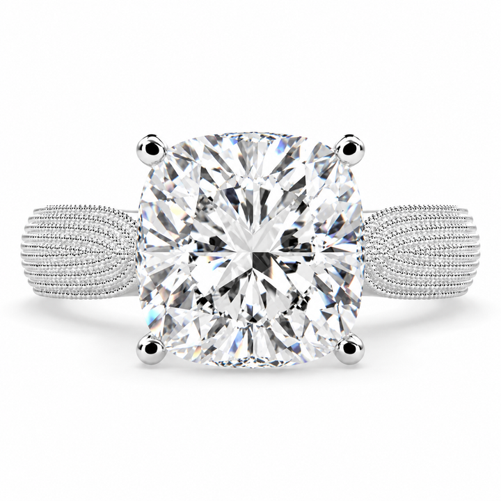 Valentina 4 Carat Cushion Cut Solitaire Tapered Milgrain Engagement Ring