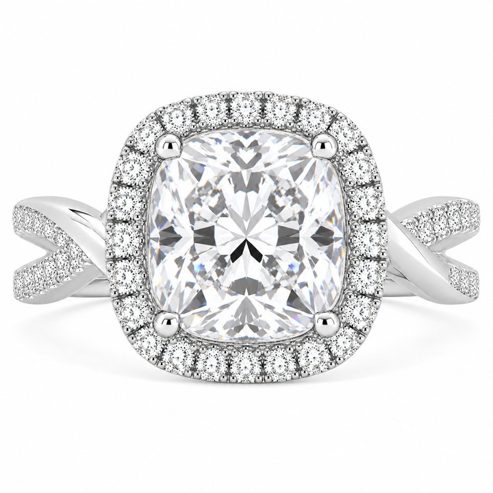 Celestina 7.35 Carat Cushion Cut Halo Pave Split Shank Engagement Ring
