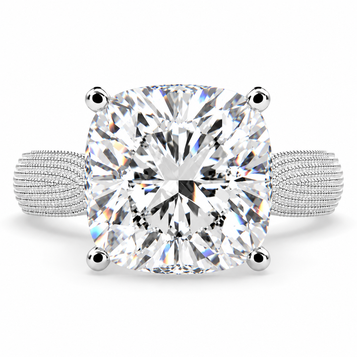 Valentina 5 Carat Cushion Cut Solitaire Tapered Milgrain Engagement Ring