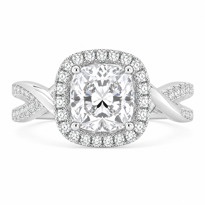 Celestina 4.35 Carat Cushion Cut Halo Pave Split Shank Engagement Ring