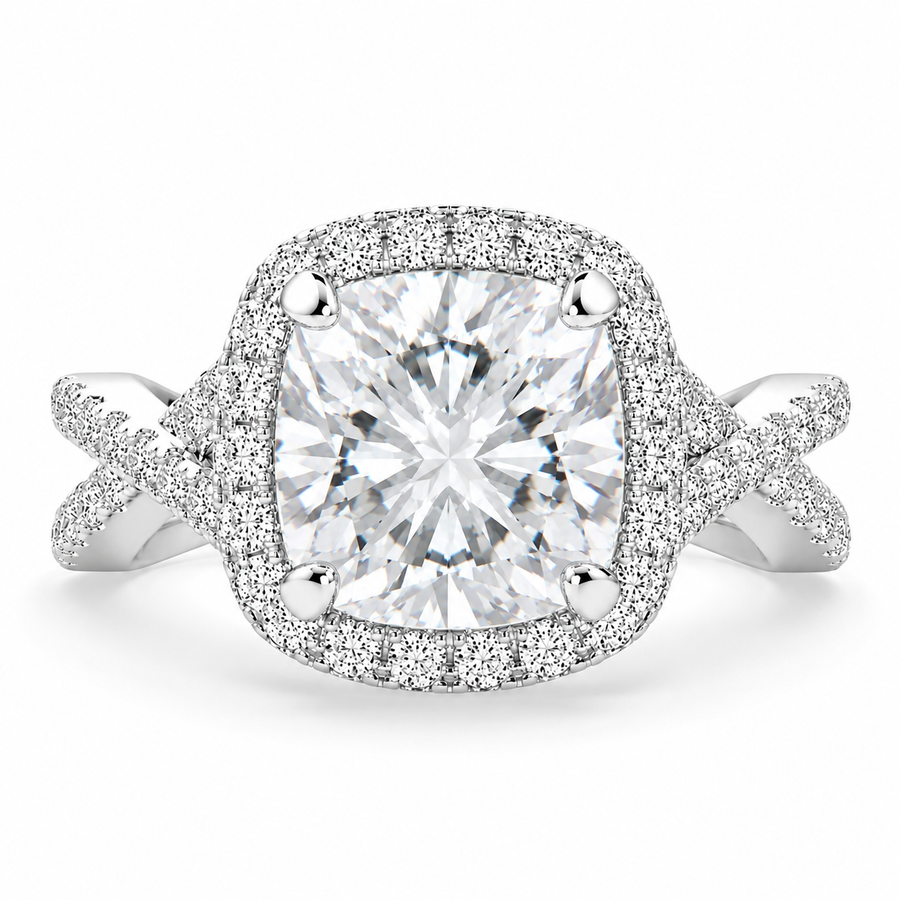 Ophelia 7.35 Carat Cushion Cut Pave Halo Split Shank Engagement Ring