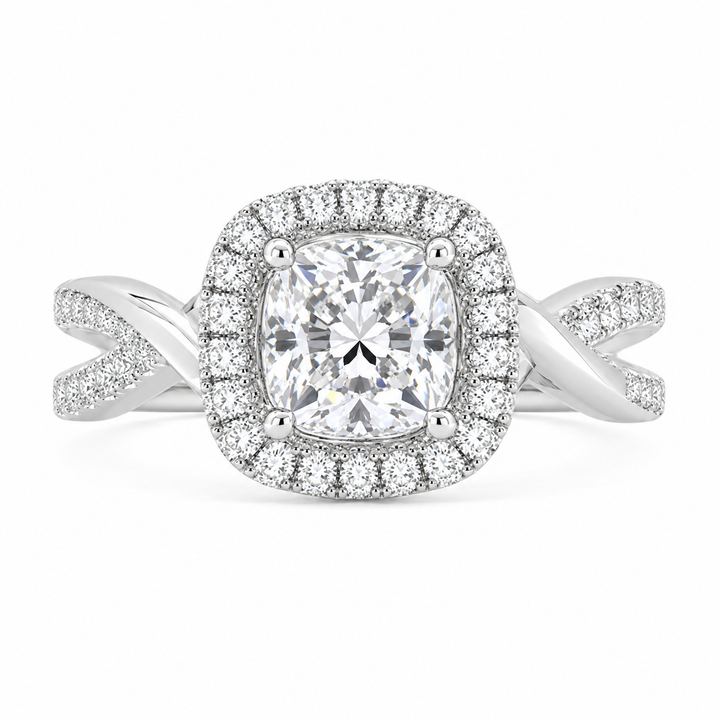 Celestina 2.35 Carat Cushion Cut Halo Pave Split Shank Engagement Ring